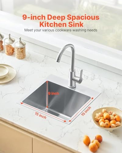 VEVOR 33" Kitchen Workstation, 304 Stainless Steel Top Mount, Built-in Single Bowl Farmhouse with Accessories, Home Dishwasher Sink, for RV, Prep Kitchen and Bar (Black) (Silver, 15IN)