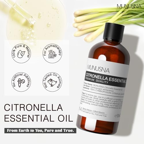 Citronella Essential Oil 100ML, 100% Pure Natural Citronella Oil Premium Grade Aromatherapy Oil for Skin Hair Care, Homemade Sprays, Diffuser, Air Freshening, Massage, Candle and Soap Making