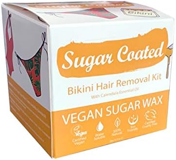 Sugar Coated Organic Bikini Sugar Wax Kit with Strips, Natural & Gentle Hair Removal for Bikini Line, At Home Sugar Wax with Calendula Oil to Calm Sensitive Skin, 0.44 lbs