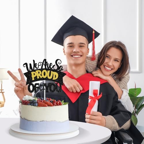 Zatain We Are So Proud of You Cake Topper, Congrats Grad/You Did It, 2026 Senior College High School Graduation Party Decorations Supplies Black and Gold Glitter