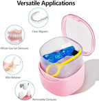 Partial Denture Case Leak Proof with Strainer Basket and Brush, Waterproof Denture Cup Retainer Cleaning Bath Case Travel for Dentures, Braces, Night Guard - Pink