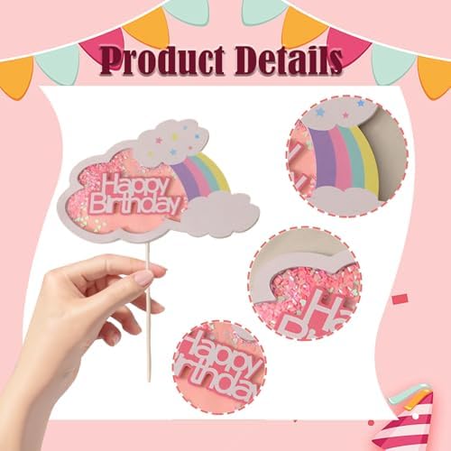 Pink Happy Birthday Cake Topper, Paper Cloud and Rainbow Decoration, Birthday Party Supplies for Cakes