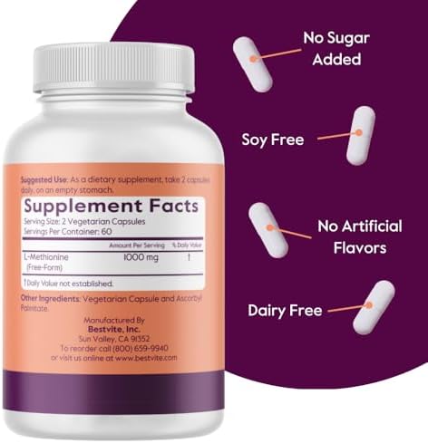 BESTVITE L-Methionine 500mg (120 Vegetarian Capsules) - No Stearates - Vegan - Non GMO - Gluten Free