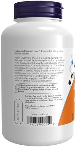NOW Foods Supplements, Acetyl-L Carnitine 500 mg, Amino Acid, Brain And Nerve Cell Function*, 200 Veg Capsules