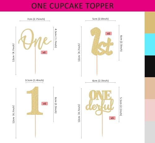 24Pack First Birthday Cupcake Topper - Glitter Gold One Cupcake Picks,1st Birthday Cupcake Decorations Supplies (Gold)