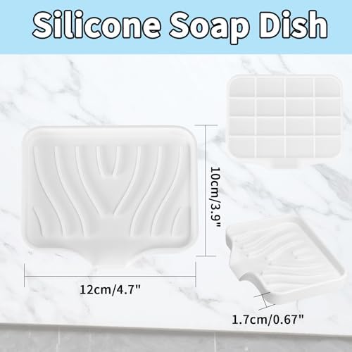 2 Pack Silicone Soap Dish with Drain, Self Draining Bar Soap Holder for Shower, Silicone Dish Soap Tray, Bathroom and Kitchen Sink Organizer, White