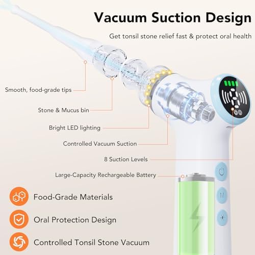 Electric Tonsil Stone Remover Vacuum – 8 Suction Levels with LED Light, Safety Pause Button & Oral Protection | High-Precision Tonsil Stone Removal Kit with 13 Attachments for Painless Cleaning