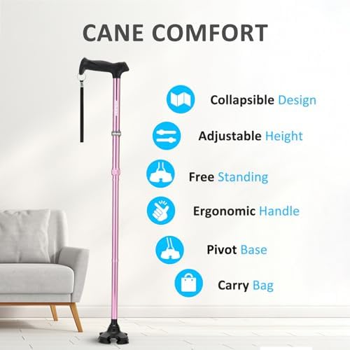 REHAND Walking Cane for Men & Women - Foldable, Adjustable, Lightweight, Self Standing Pivot Walking Cane, Soft Handle Grip, with Travel Bag, Walking Sticks for Seniors & Adults