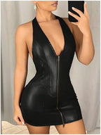 Floerns Women's Y2k Leather Mini Dress Sleeveless Halter Neck Zipper Club Bodycon Dress