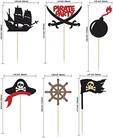 24Pcs Pirate Cupcake Toppers Black Glitter Nautical Sailing Skull Cap Cupcake Picks for Pirate Theme Baby Shower Kids Birthday Party Cake Decorations Supplies