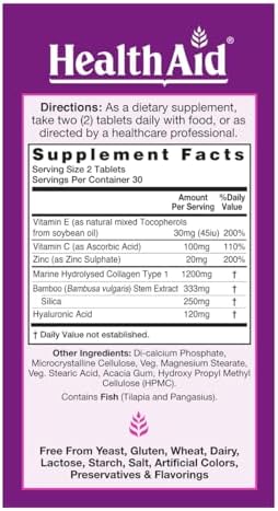 HealthAid Collagen Complex – Marine Hydrolyzed Collagen with Hyaluronic Acid, Vitamins C & E, and Zinc | 60 Tablets (2 Daily) to Support Skin Hydration & Elasticity