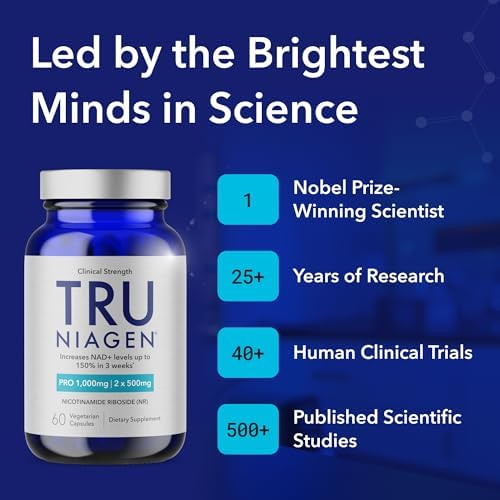 TRU NIAGEN Patented Extra Strength NAD Supplement for Brain Function, Anti Aging, Cell Regeneration | Supports Cellular Energy | Nicotinamide Riboside (NR) | 30-1000mg Servings (2x500mg, Take 2 Daily)