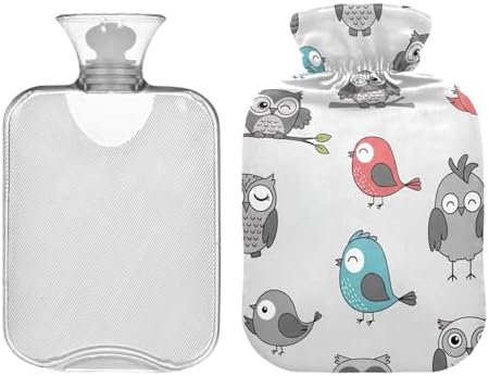 Cute Owls Birds Grey Hot Water Bottle with Soft Cover Hot Water Bag for Neck, Shoulder and Menstrual Cramps Medium