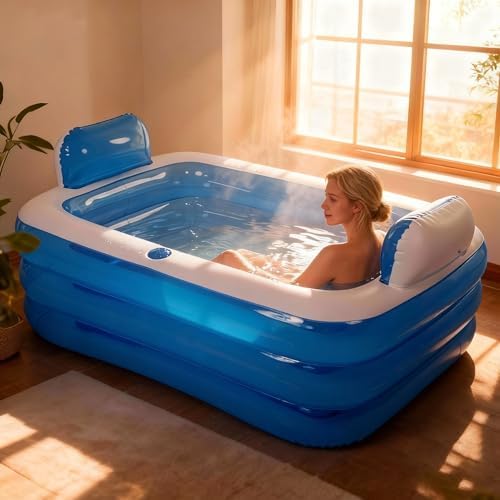 Double Inflatable Bathtub for 2 Person with Electric Air Pump, Portable 2-Seat Blow Up Bath Tub for Adults, Foldable Spa Tub for Outdoor & Indoor Use, Includes Bath Pillow, Drain & Cup Holder, Blue