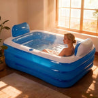 Double Inflatable Bathtub for 2 Person with Electric Air Pump, Portable 2-Seat Blow Up Bath Tub for Adults, Foldable Spa Tub for Outdoor & Indoor Use, Includes Bath Pillow, Drain & Cup Holder, Blue