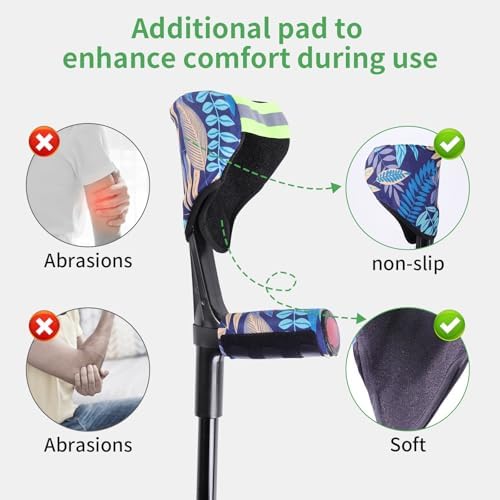 Forearm Crutches for Adults (1 Pair), Adjustable Arm Crutches, Crutch for Walking, Forearm Crutch Pads with Anti-Dorp Cuff, Elbow Cushion, Grip Cushion（Foliage）, for Broken Foot or Leg Injuries