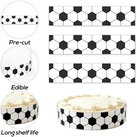 3pcs Soccer Theme Edible Cake Borders, 28x6.2cm/11x2.44in Pre-Cut Football Pattern Edible Cake Strips for Birthday Party Decorations