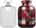 Christmas Buffalo Plaid Hot Water Bottles Hot or Cold Water Bottle with Soft Cover Hot Water Bag for Hot and Cold Compress, 2L