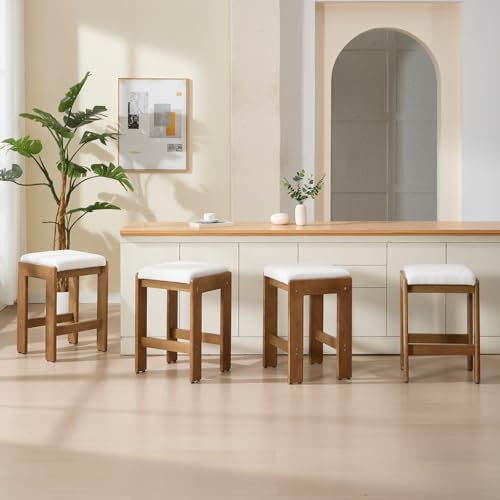 HEAH-YO Modern Bar Stools Set of 6, 27 Inch Saddle Counter Stools with Natural Wood Legs, Backless Kitchen Stool for Island, Linen Beige