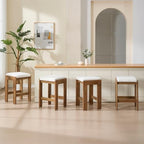 HEAH-YO Modern Bar Stools Set of 6, 27 Inch Saddle Counter Stools with Natural Wood Legs, Backless Kitchen Stool for Island, Linen Beige