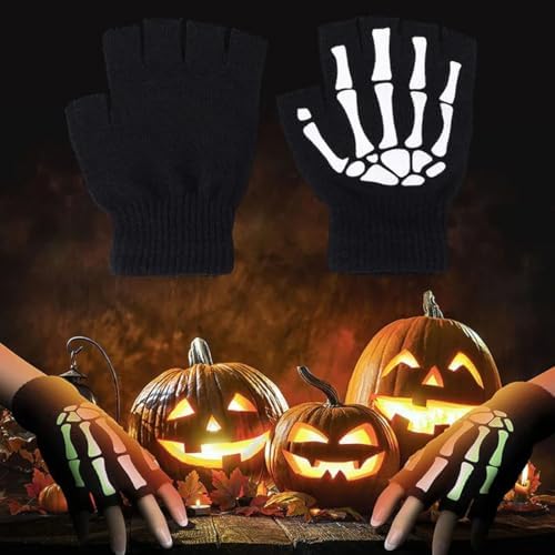 Gloves Skeleton Halloween Winter Skull Fingerless Night Luminous Ghost Claw Gloves Exposed Half Finger Elastic Mittens for Cosplay Costume Party Kids Adults