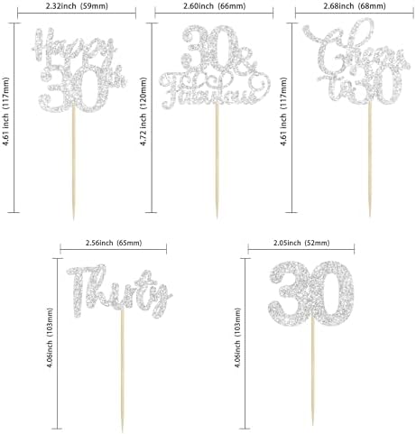 30 Pack Happy 30th Birthday Cupcake Toppers Silver Glitter Thirty Cheers to 30 Birthday Cupcake Picks for Happy 30th Birthday Anniversary Party Cake Decorations Supplies
