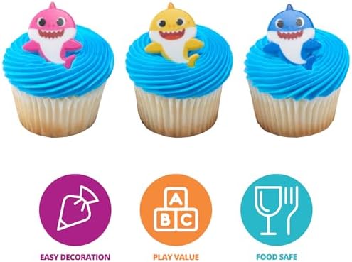 DecoPac Pinkfong Baby Shark 24 Cake Toppers - Blue, Pink, Yellow Cupcake Decorations for Birthday Celebrations