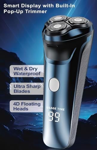 Smart 2-in-1 Electric Rotary Shaver for Men with 4D Floating Heads & Pop-Up Trimmer - USB Rechargeable, Wet & Dry Waterproof Razor with LCD Display (90 Min Runtime)