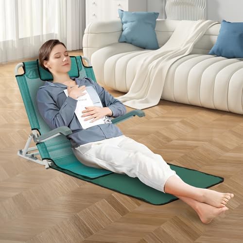Adjustable Bed Backrest Support with Armrest Breathable Fabric, Foldable Sit-up Nursing Backrest for Neck Head Lumbar Support Patient Care Bed Chair, 20-75°(Five-Gear Adjustable) (Lake Blue)