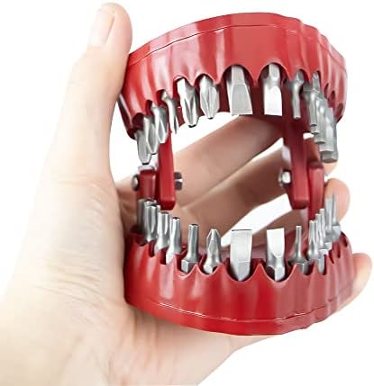 MIMIRACLE Denture Drill Bit Holder, Gag Gift for Dentist Handyman, Holds Up to 28 Bits Screwdriver Bit Organizer Fits 1/4 Inch Hex Bit and Drive Bit Adapter -Red