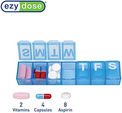 EZY DOSE Weekly (7-Day) Daily Pill Case, Medicine Planner, Vitamin Organizer, Supplement Container Box, Small Compartments, Travel Friendly and Convenient, Color May Vary (Randomly Selected), BPA Free