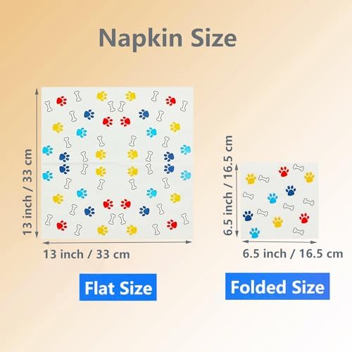 100 Count Disposable Paper Party Napkins 2 Ply Paw Print Decorative Beverage Guest Luncheon Dinner Cocktail Napkins for Doggy Animal Themed Party, 6.5X6.5 Inches Folded