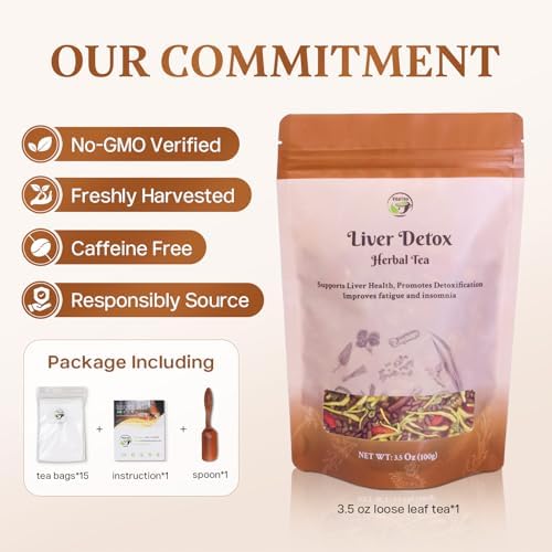 Liver Detox Herbal Tea, Liver Cleanse Detox Tea Blend with Milk Thistle, Dandelion Root, Chrysanthemum Natural Loose Leaf Tea for Liver Health, Includes Spoon & Tea Bags