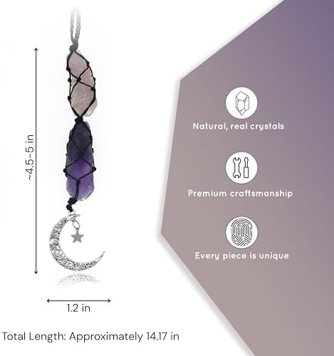 BOHO GARDEN Crystal Hanging Car Charm - Purple Rear View Mirror Hanging Car Accessories for Women, Moon Decor Hanging Ornament, Witchy Gifts and Healing Stones - Rose Quartz & Amethyst