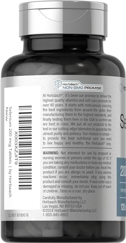 Horbäach Selenium Supplement for Women & Men | 200mcg | 120 Tablets | as Selenium Yeast | Vegetarian, Non-GMO and Gluten Free