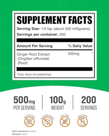 BulkSupplements.com Ginger Root Extract Powder - Ginger Supplement, Ginger Root Powder - Herbal Supplement, Gluten Free, 500mg per Serving, 100g (3.5 oz) (Pack of 1)