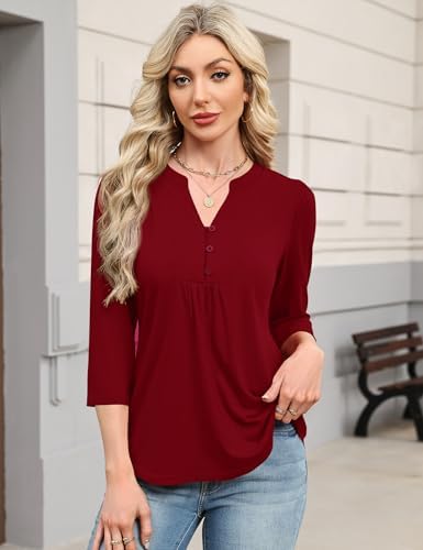 IECCP 3/4 Length Sleeve Womens Tops Dressy Casual Henley V-Neck Summer Tops Pleated T-Shirts Loose Fit Work Blouses