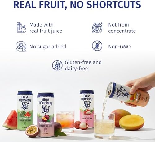 Blue Monkey Sparkling Lychee Juice - Real Fruit Juice, No Sugar Added, All Natural, Lightly Carbonated, Halal Certified - Refreshing Tropical Sparkling Water Alternative - 11.2oz (330ml) 12 Pack (11.2oz, Lychee Juice)