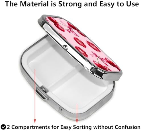 ABLESKY Pill Box, 2 Compartment Pill Organizer Case for Pocket or Purse, Small Portable Metal Travel Medicine Box with Mirror, Daily Vitamins Fish Oil Container-Cherry Pink Bow with Red Lips