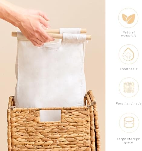 Handwoven Laundry Hamper with Lid, Natural Hyacinth Heightened Feet Laundry Basket, Wicker Clothes Hamper with Removable Liner Bag