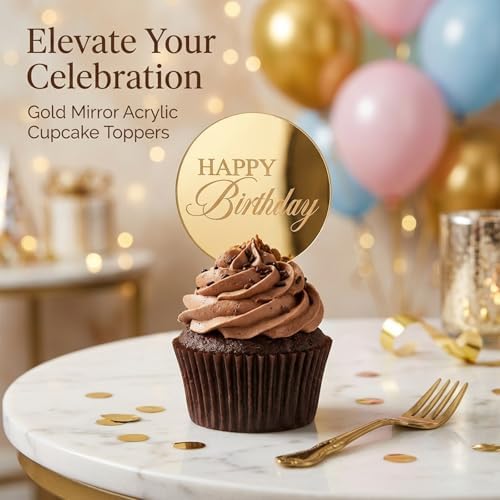 20PCS Gold happy Birthday Cupcake Toppers, Circle Mirror Birthday Cupcake topper, Gold Acrylic Birthdays Cup Cake Toppers Decoration for Party
