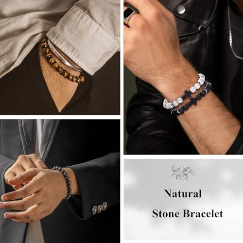 Jewdreamer 12PCS Beaded Bracelets for Men 8MM Tigers Eye Bracelet Natural Stone Crystal Bead Cross Bracelet Adjustable Stretch Christian Bracelets Jewelry Gifts