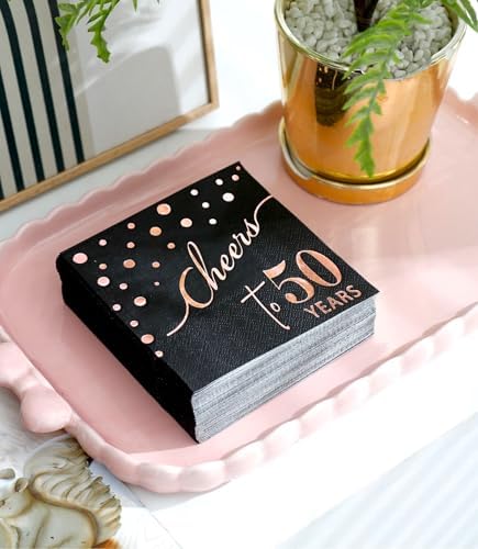 Rose Gold Cheers to 50th Cocktail Napkins Folded 5 x 5 Inches Disposable Party Napkins 3-Ply Paper Beverage Napkins for 50th Birthday Decorations, Wedding Anniversary, Retirement, Black (50 Years)
