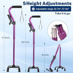 Aluminum Alloy Curved Handle, Quad Cane with Wide Base - 300lb Capacity, Large Four Corner Stand Up Armrest Crutch, Purple