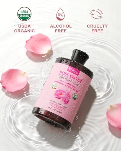 Yoken Organic Rose Water Toner for Face, 16 Fl Oz, 100% Pure & Natural Rosa Damascena Rose Hydrosol, USDA Certified Organic, Hydrating Rosewater for Skin & Hair, Alcohol Free, Vegan, No Dyes