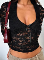 Women's Lace Long Sleeve Shirt Low Cut Y2K Slim Fit Top Bow Sexy Going Out Club Concert Clothes