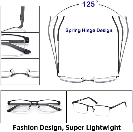 HIGHLIKE Blue Light Reading Glasses for Men, Metal Half Frame Readers Spring Hinge Clear Lens Eyeglasses with Pouches