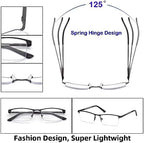 HIGHLIKE Blue Light Reading Glasses for Men, Metal Half Frame Readers Spring Hinge Clear Lens Eyeglasses with Pouches