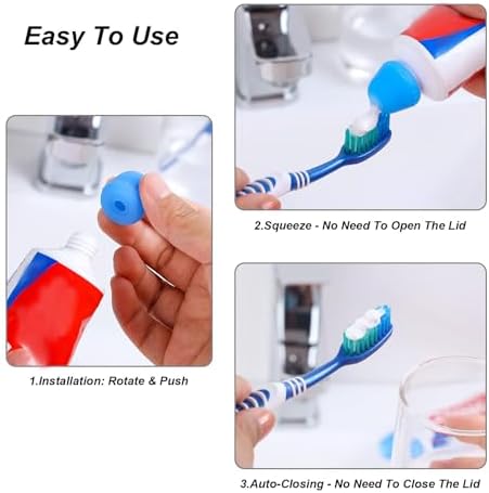 6 Pack Silcone Toothpaste Cap, Tnvee Reusable Self Closing Toothpaste Squeezer Dispenser with Organizer Box for Kids and Adults in Bathroom, Hygiene No Mess No Waste