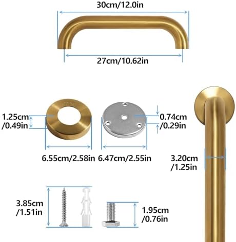 Shower Grab Bar, 2 Pack 12 Inch Gold Bathroom Safety Bar, 1.25" Diameter 304 Stainless Steel Grab Bars for Bathtubs and Showers, Handicap Shower Grab Bar for Seniors Elderly
